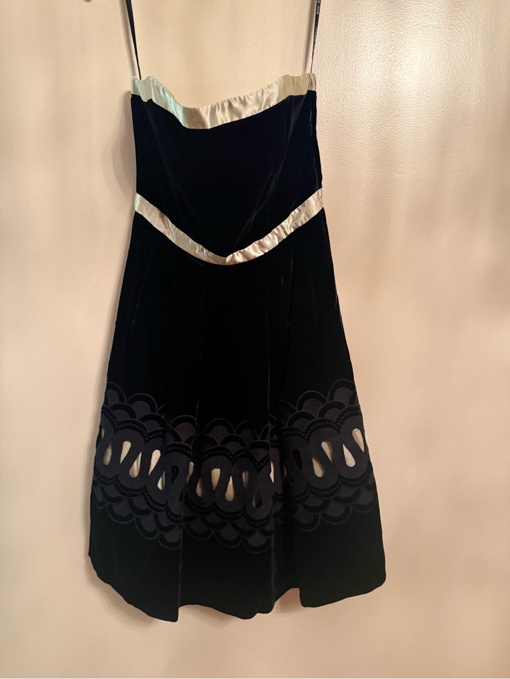 Betsey Johnson Black Velvet Strapless Dress with Cream Trim